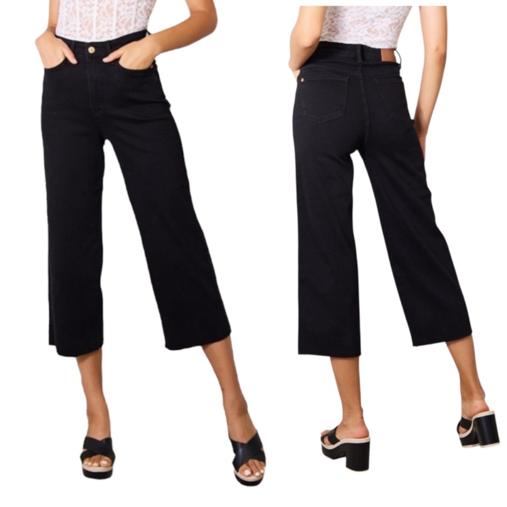 Tummy Control High Waist Dark Navy Denim‎ Jean Judy Blue Cropped Pants Wide Leg